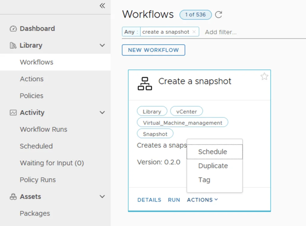 UI shows a workflow titled "Create a snapshot" with options to schedule, duplicate, or tag in vRA 8.2.