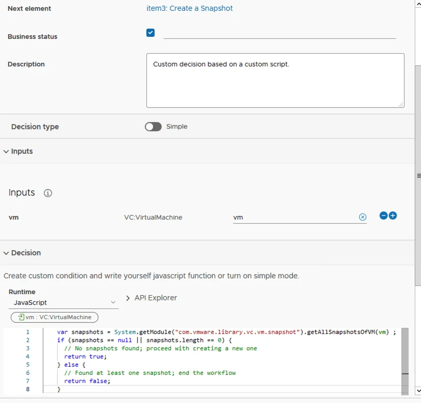UI shows a workflow step for creating a snapshot with a custom script.