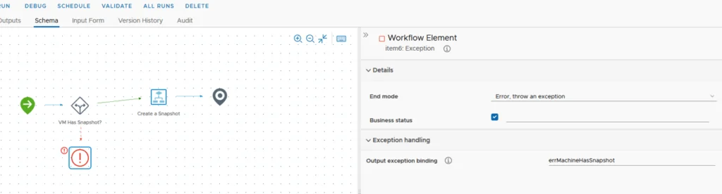 UI shows workflow step “VM Has Snapshot?” with error icon, “Create a Snapshot” step, and error handling details.