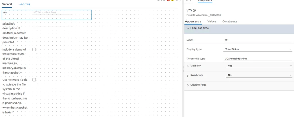 Configuring virtual machine selection for snapshot creation in vRA 8.2.