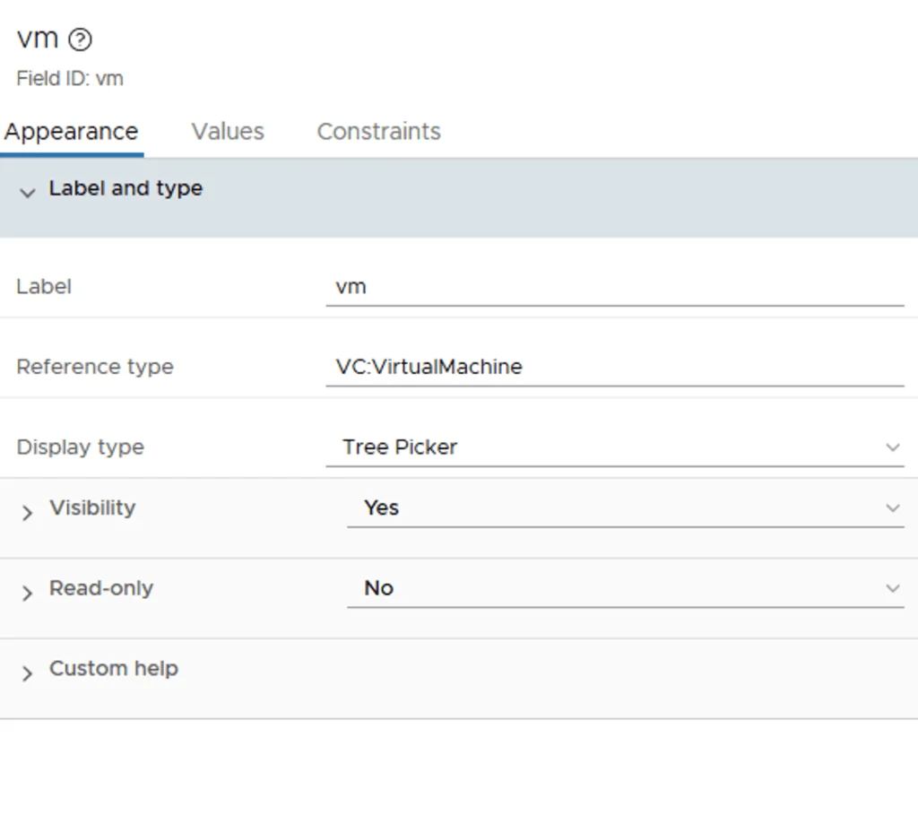 UI shows “vm” field with Tree Picker display type, VC:VirtualMachine reference type.
