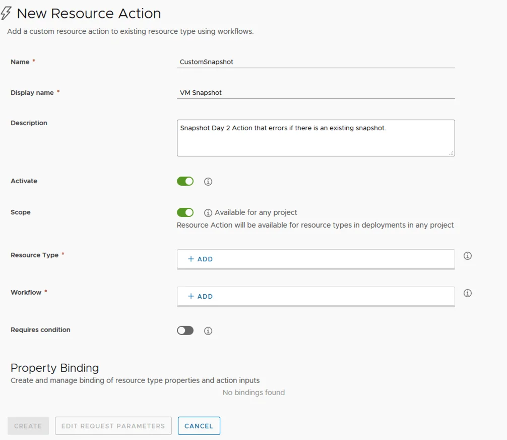 Configure custom resource action for VM Snapshot in vRA 8.2.