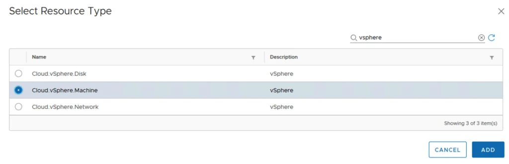 Select “Cloud.vSphere.Machine” under “Select Resource Type” for vRA 8.2 snapshot.