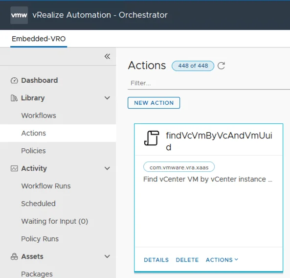 The image shows a vRealize Automation Orchestrator interface with a highlighted “New Action” button.