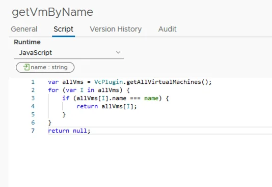 A screenshot shows a script editor with a JavaScript function for finding a virtual machine by name.