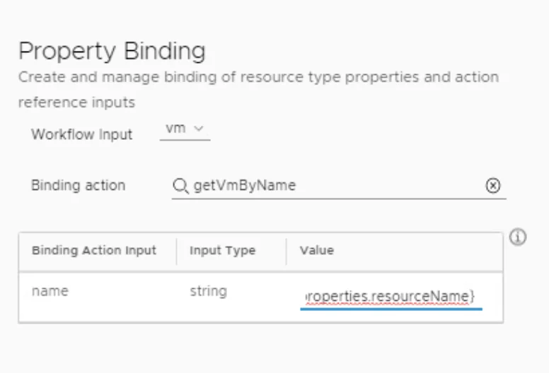 Property Binding: Select ‘getVmByName’, input ’name’ as ${properties.resourceName}.