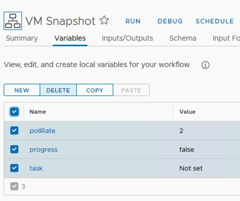 In the Variables tab of a VM Snapshot, select all variables and click Delete.