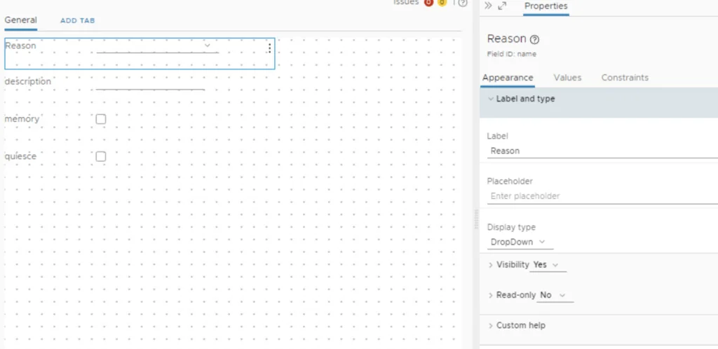 UI shows Label “Reason” and Display type “DropDown” for a form field.