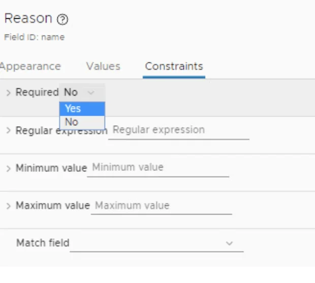In the Constraints tab, select “Yes” in the Required field to make the field mandatory.