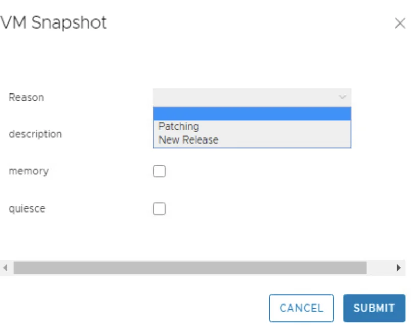 VM Snapshot wizard step with options for reason, description, memory, and quiesce checkboxes.