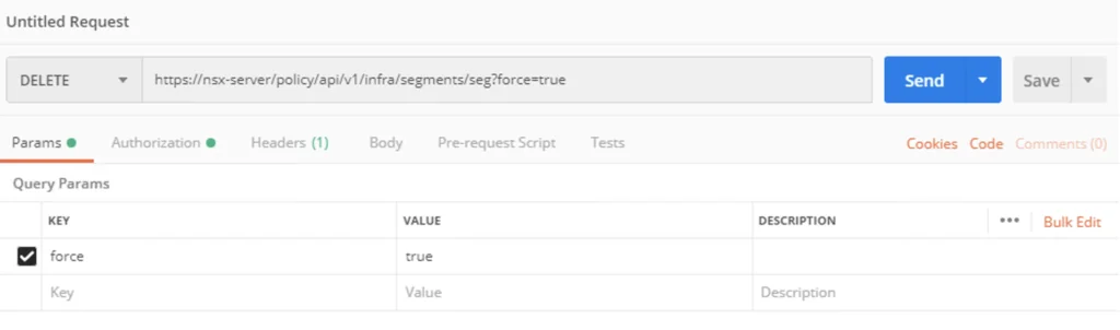 API request setup for forcibly deleting an NSX-T 3 segment using Postman.