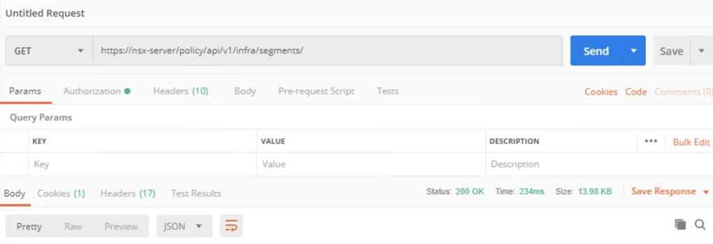 API request setup for listing NSX-T 3 segments in Postman.