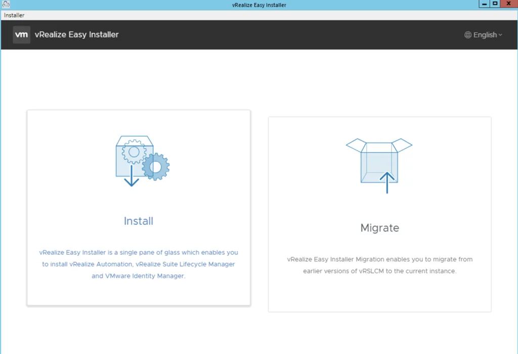 Easy Installer for vRealize Automation 8.3: Install or Migrate options shown.
