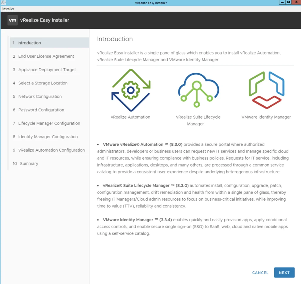 The vRealize Easy Installer introduction screen lists vRealize Automation 8.3, Lifecycle Manager 8.3, and Identity Manager 3.3.4.