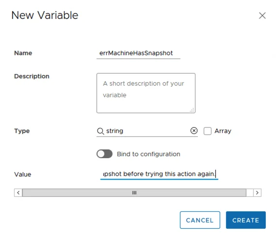 Creating a variable for snapshot management in vRA 8.2.