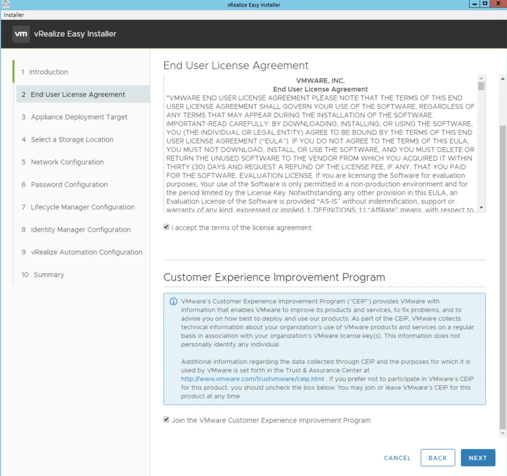 The image shows the “End User License Agreement” step in the vRealize Easy Installer wizard, with options to accept the agreement and join the Customer Experience Improvement Program.