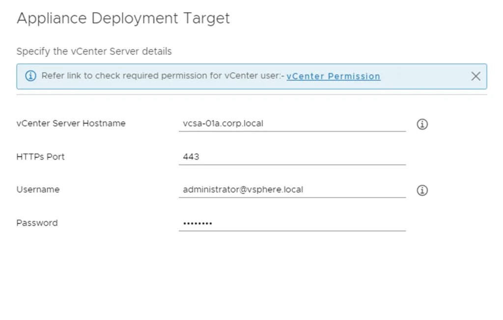 Appliance Deployment Target: Enter vCenter details (hostname, port, user, password) for vRA deployment.