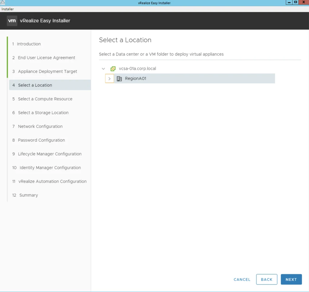 The image shows the "Select a Location" step of the vRealize Easy Installer wizard, with options for deploying virtual appliances in a data center or VM folder.