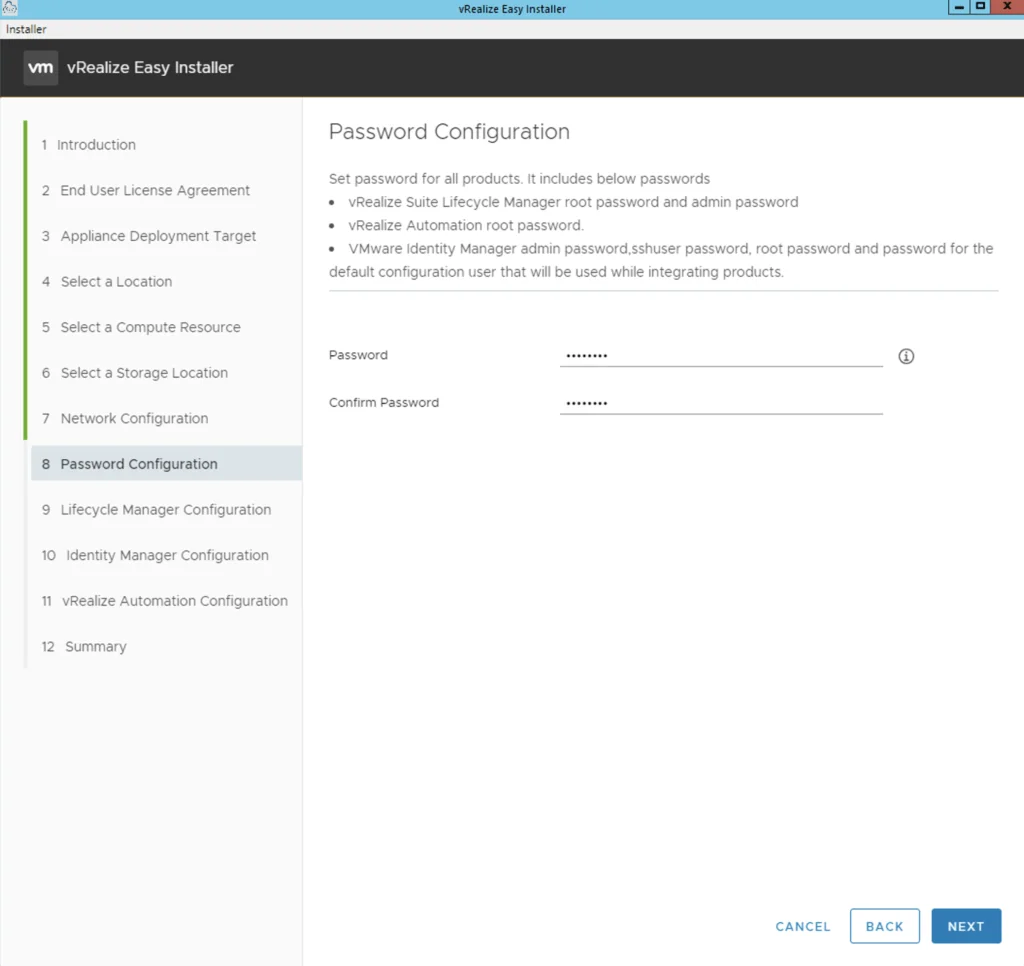 Password configuration screen in vRealize Easy Installer wizard, showing fields for setting passwords.