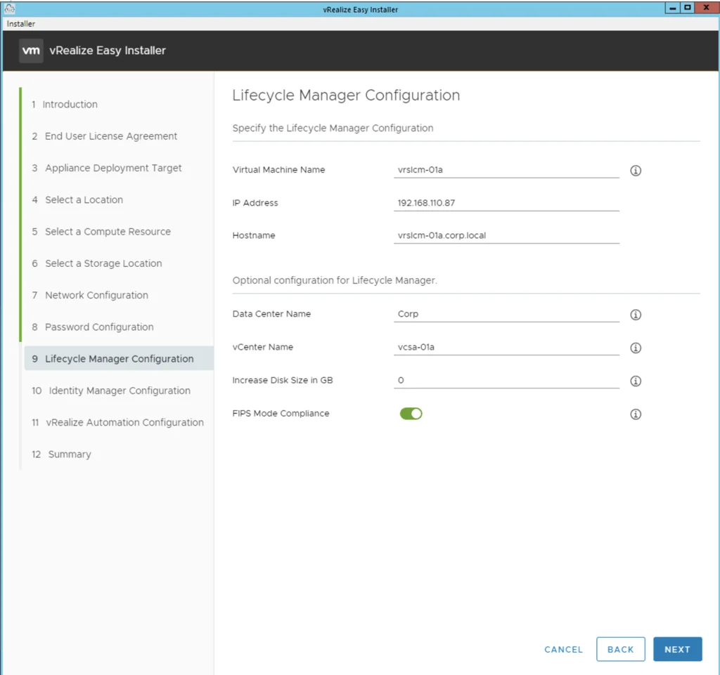 Configure Lifecycle Manager settings, then click Next.
