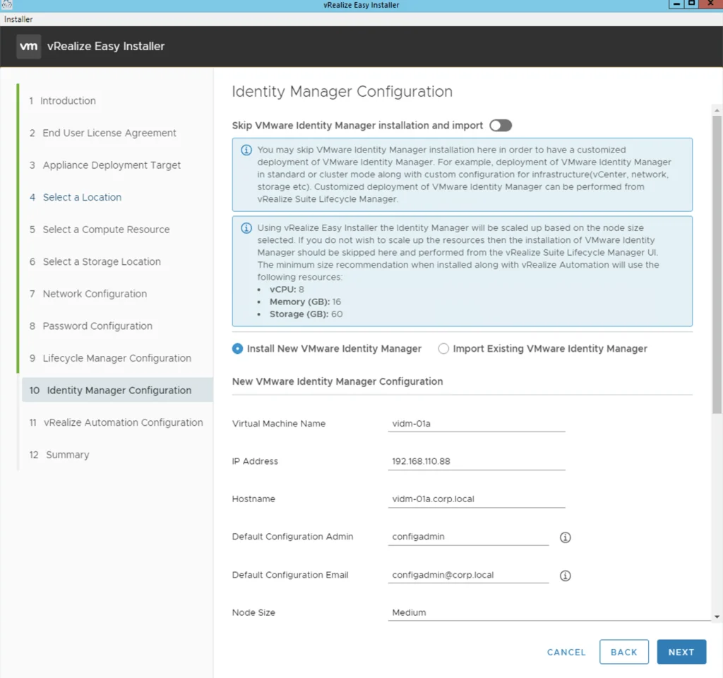 Identity Manager Configuration page for vRealize Easy Installer, showing VM details and configuration options.