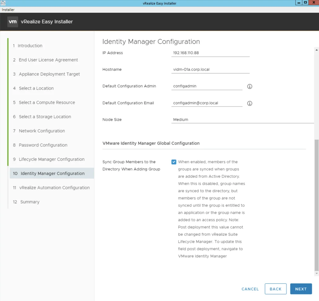 Configuring Identity Manager settings in vRealize Easy Installer wizard.
