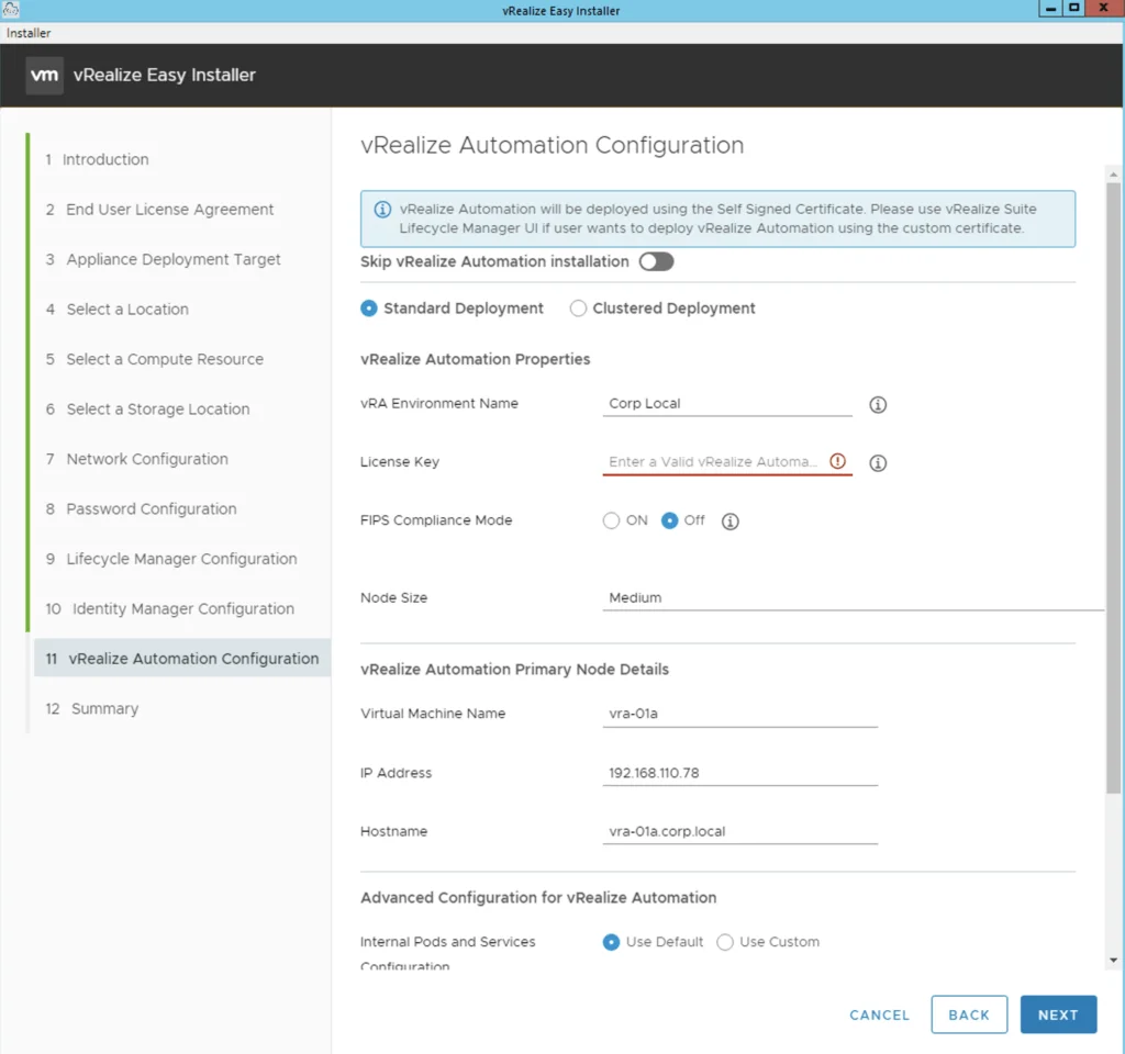 The vRealize Automation Configuration step shows options for deployment type, FIPS mode, and node details.