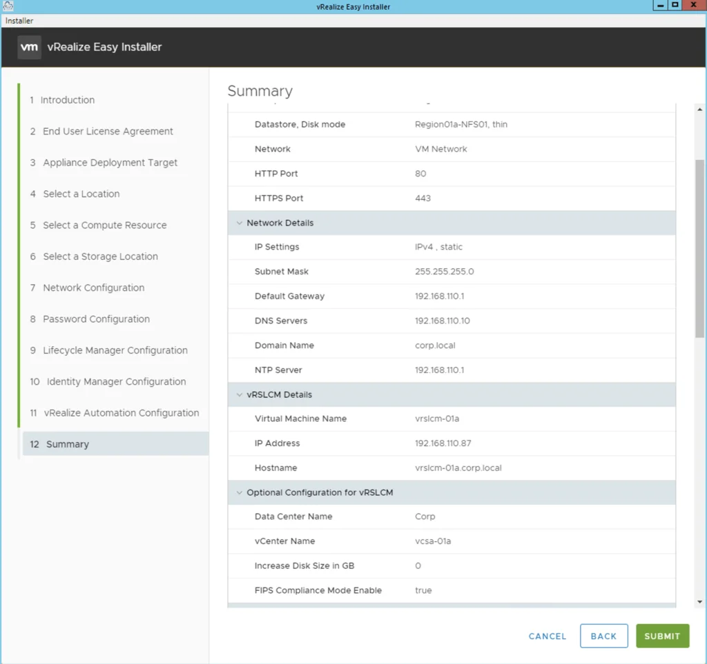 The vRealize Easy Installer summary page shows deployment details and configuration options.