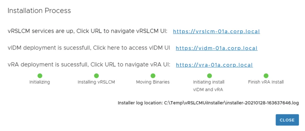 The image shows links for accessing vRSLCM, vIDM, and vRA UIs post-installation.