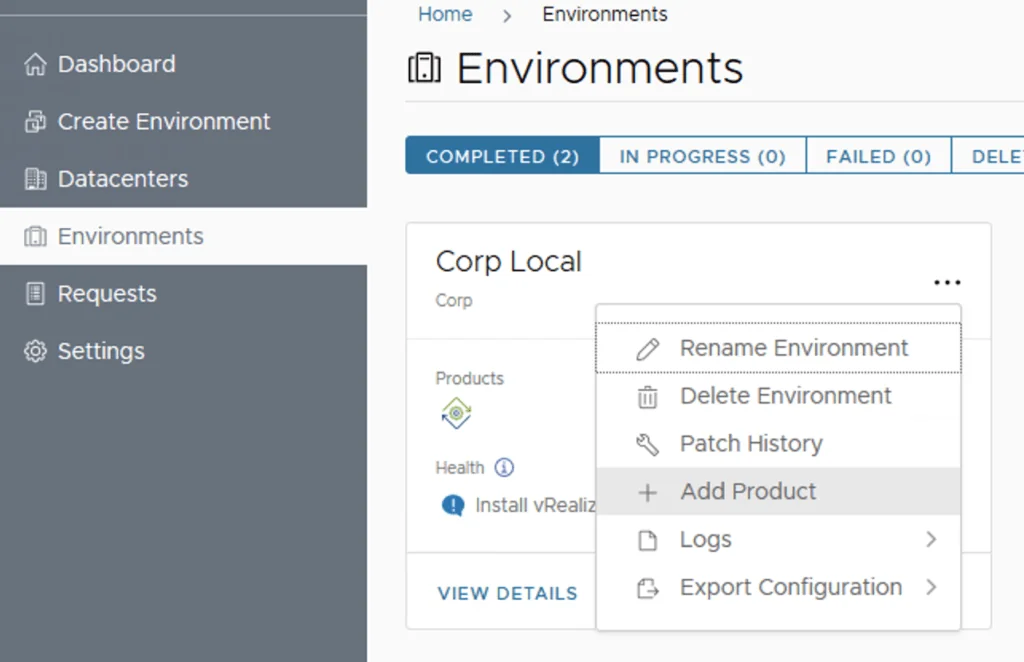 UI shows environment management in VRA, with options like Rename, Delete, and Add Product.
