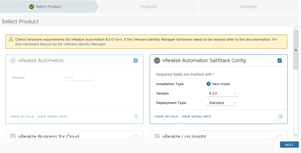 Select vRealize Automation SaltStack Config checkbox, click Next.