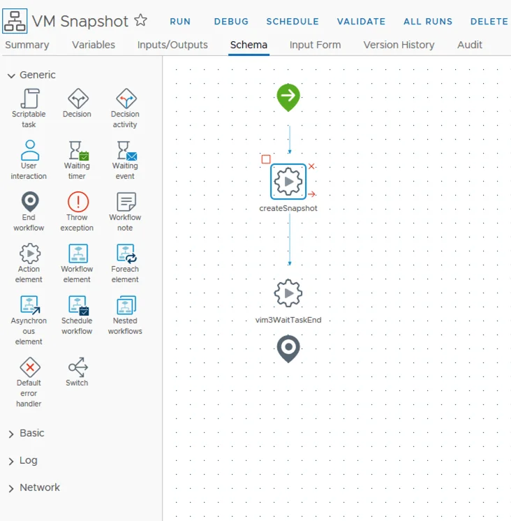 UI shows workflow diagram with “createSnapshot” and “vim3WaitTaskEnd” nodes.