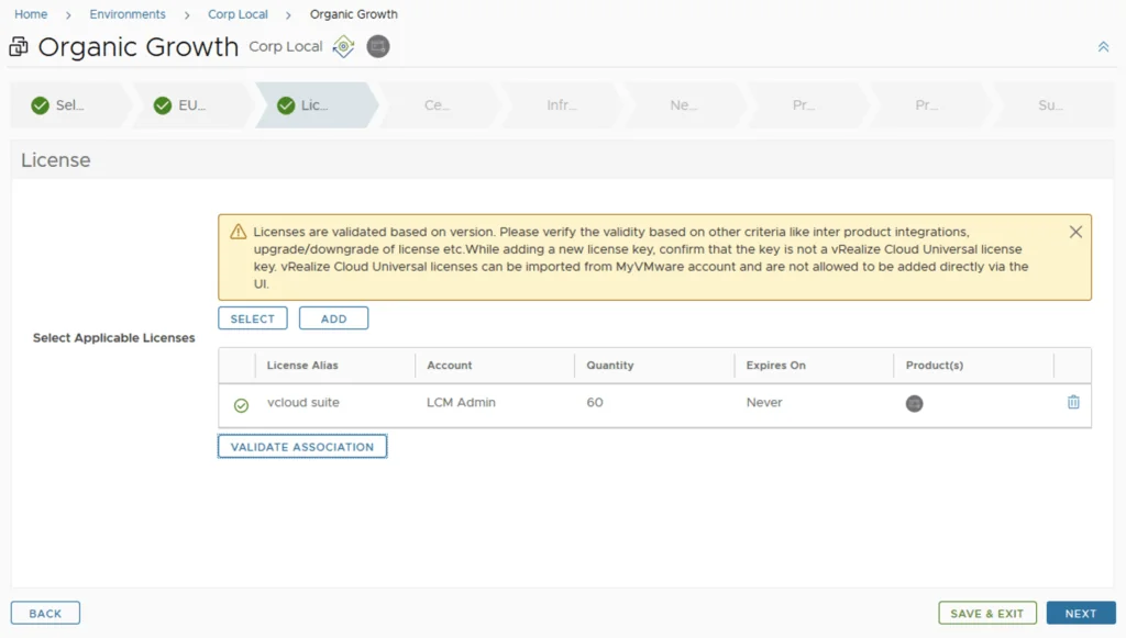 License validation step in a VRA environment wizard.