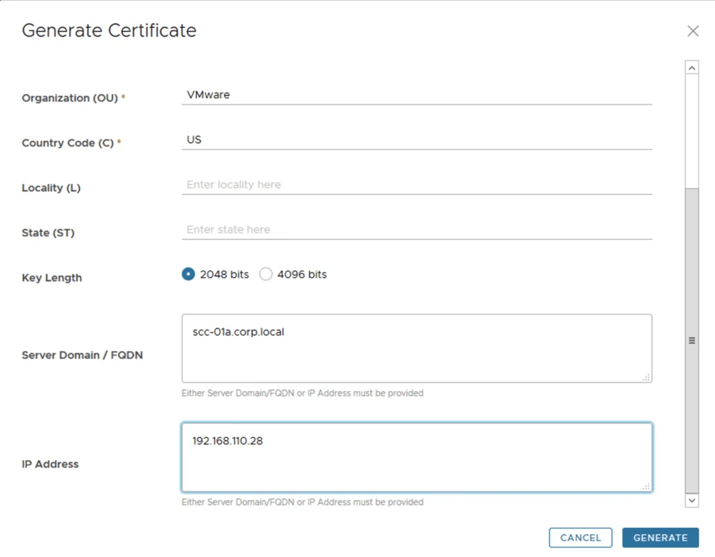Configure fields for certificate generation in VMware Lifecycle Manager.