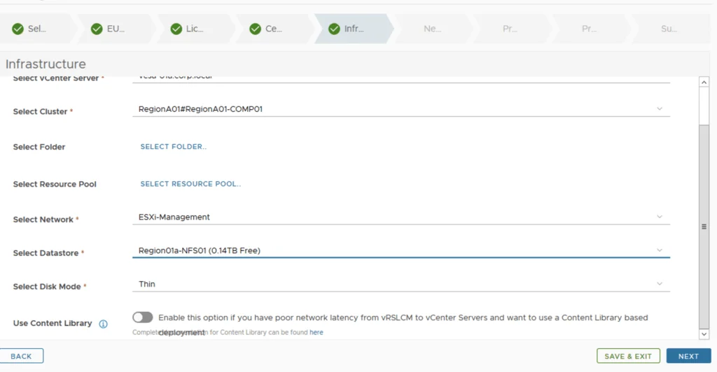 Infrastructure details selected for SaltStack deployment in VRA.
