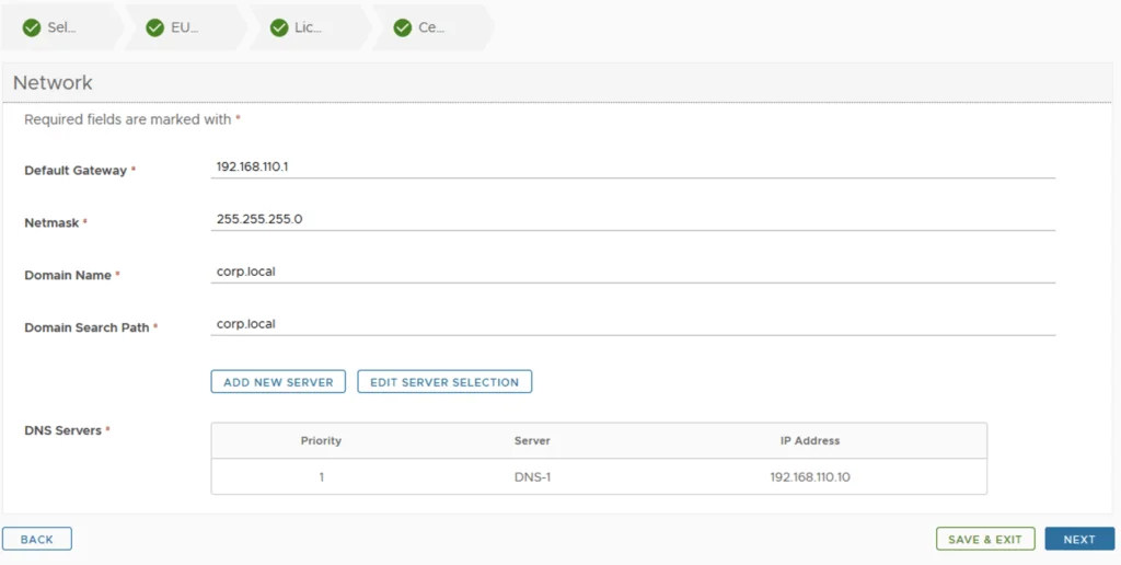 Network configuration page with fields for gateway, netmask, domain, DNS servers, and options to add or edit server selection.
