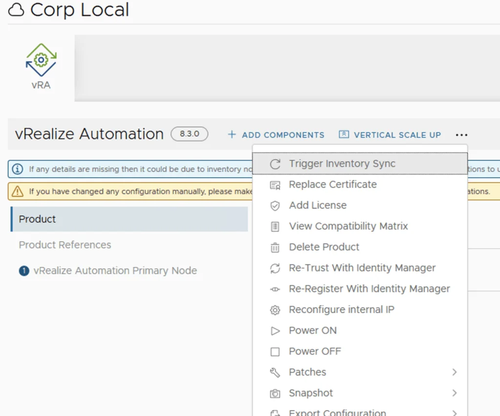The image shows a vRealize Automation 8.3.0 interface with options for managing a product, including inventory sync, certificate replacement, and product deletion.