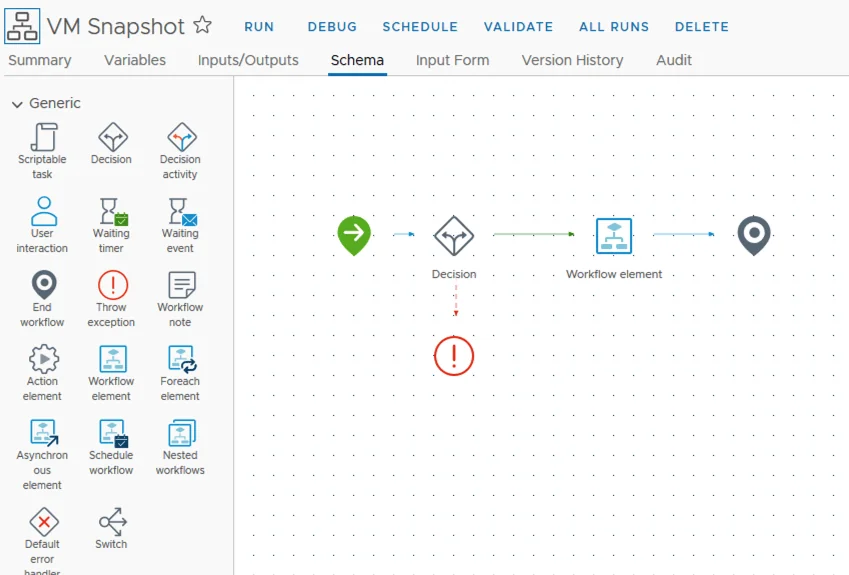 Drag and drop Decision, throw exception, and workflow elements into canvas.