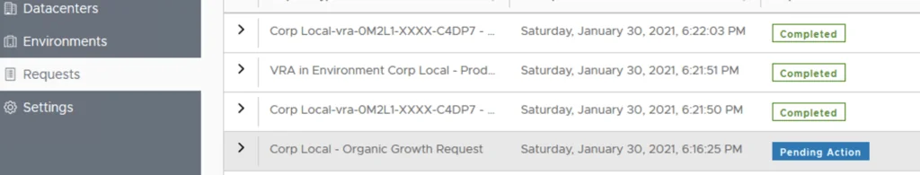 The image shows a list of requests in a VRA environment, with one marked “Pending Action” and others labeled “Completed.