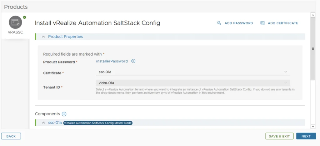 Enter product password, select certificate, and tenant ID; then click Next.