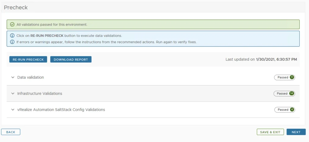 Precheck confirms all validations passed; proceed to Next.