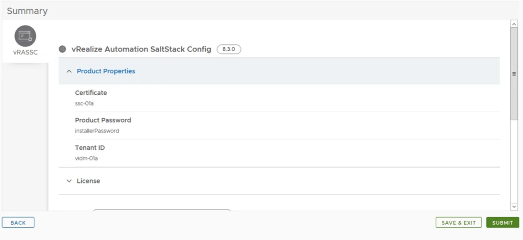 Summary of vRealize Automation SaltStack Config setup, showing certificate, password, tenant ID, and license fields.