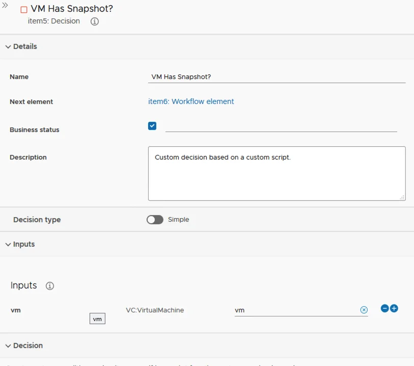 In vRA 8.2, a decision step named “VM Has Snapshot?” checks if a VM has a snapshot, using a custom script.