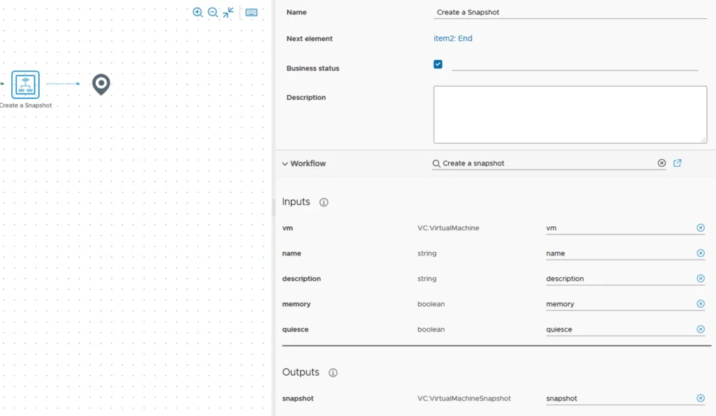 UI shows workflow step for creating a snapshot with inputs and outputs.