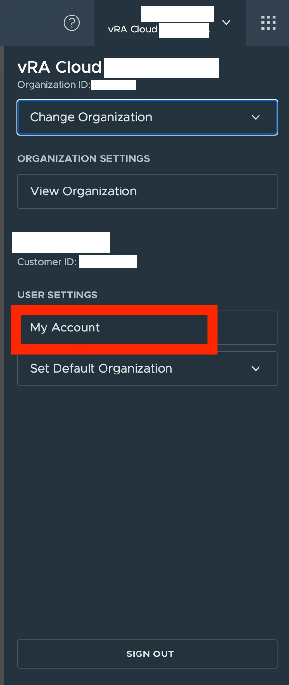 User interface for managing cloud organization settings in vRA Cloud, with options to change organization, view settings, and access user account details.