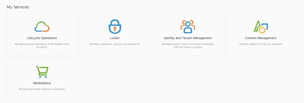 UI showing lifecycle operations, locker, identity management, content, and marketplace options.