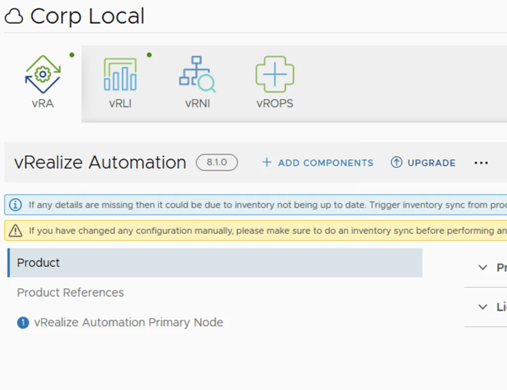 The image shows the vRealize Automation upgrade screen with version 8.1.0, options to add components, upgrade, and sync inventory.
