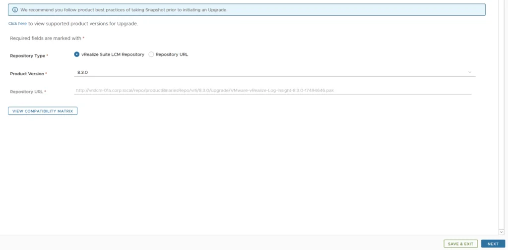 Upgrade wizard step showing vRealize Suite LCM Repository selection for vRA 8.3.0.