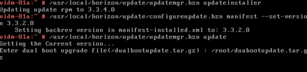 The image shows a terminal command for updating vIDM to 3.3.4.0 and specifying the dualboot update file path.