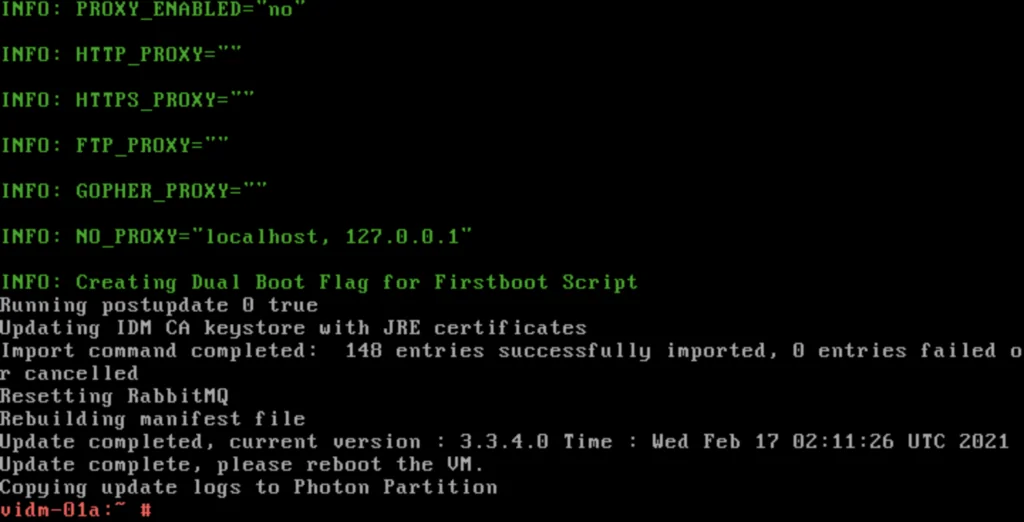 Console output shows successful vIDM 3.3.4.0 update and reboot instructions.